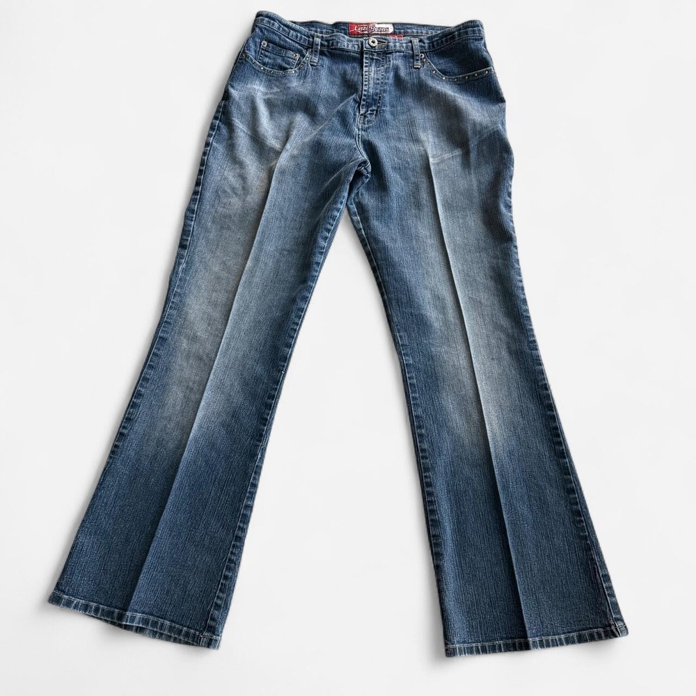 Y2K Lazer Jeans pleated flare jeans, gem pocket detail, medium wash, size 14